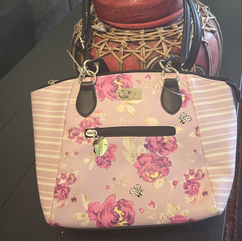 Luv Betsey Johnson Rose Gold Chain Tote Bag White Black Striped 9"x 15" x6" NWOT